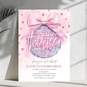 Coquette Bow Disco Party Invitation Personalized Printable Digital File Pink Party Invite Disco Ball Birthday Invitation ANY AGE Disco Party