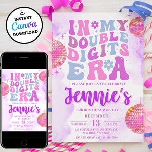 Könnte beinhalten: Eine lila und rosafarbene Geburtstagseinladung mit Disco-Kugel-Thema. Die Einladung lautet "In My Double Digits Era" und hat einen rosa und weißen Aquarellhintergrund. Der Text lautet "Bitte feiern Sie mit uns Jennies 10. Geburtstagsparty! Dezember 13 um 18:00 Uhr. 123 Cornelia St. Manhattan Ave, New York, NYC 10209. RSVP an Shanaya unter 123-456-7890."