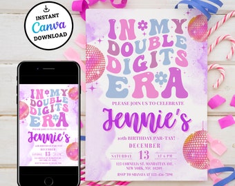 Editable In Her Double Digits Era Invitation, Eras Invitation, Taylor Invitation, Girls Birthday Invite, Canva Template, in her Eras Invite