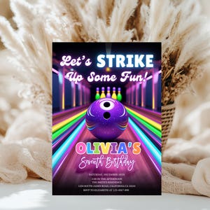 Plantilla de invitación para fiesta de cumpleaños de bolos / Diseño editable en Canva para celebración de bolos infantiles / Invitación divertida y personalizable