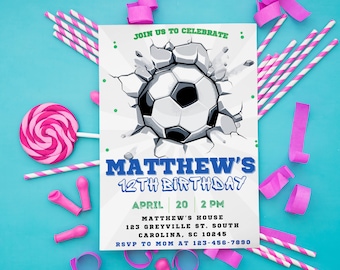 Editable Soccer Birthday Invitation Template, Printable Birthday Party Invitations, Digital Kids Party Invite, 5x7, Canva