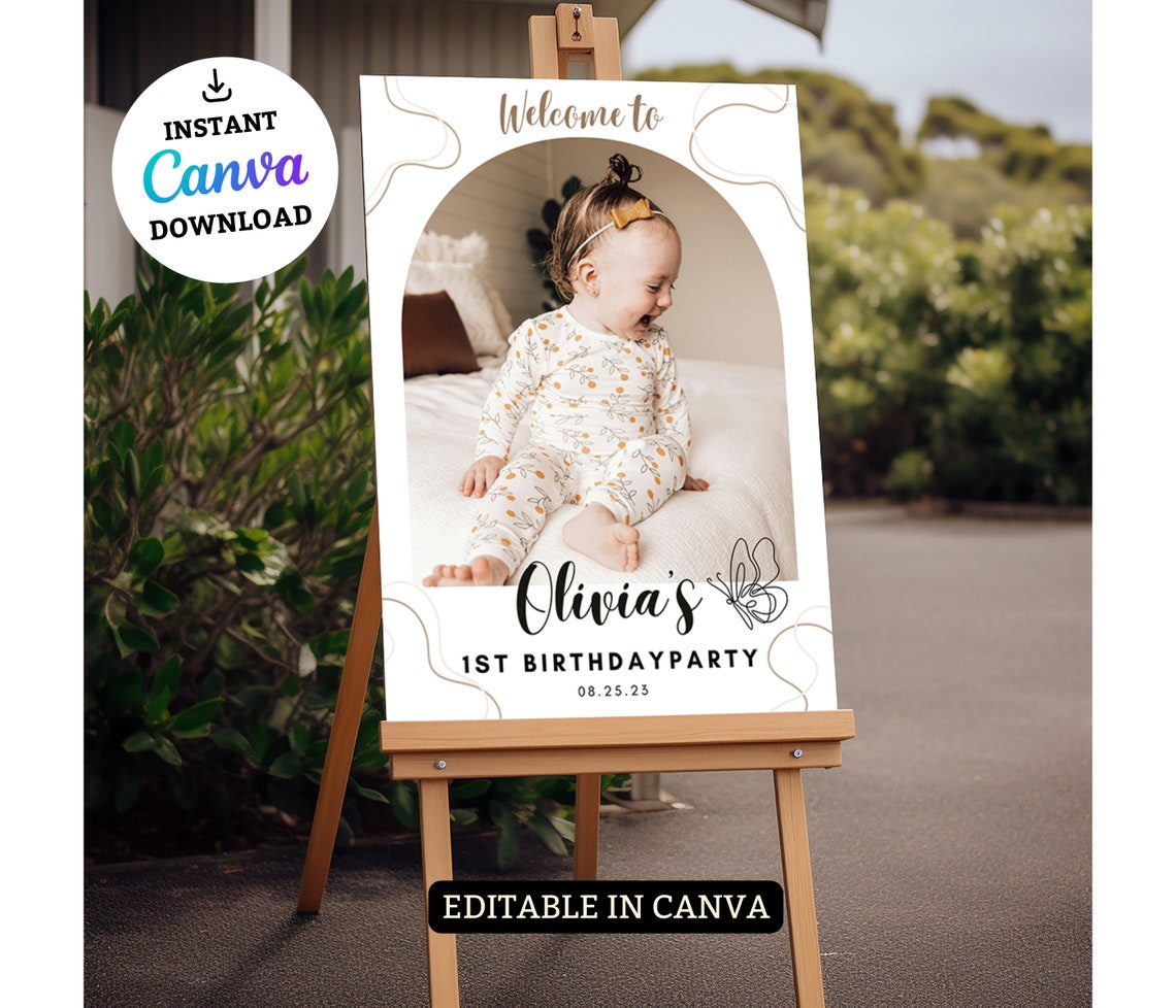 EDITABLE Photo First Birthday Sign, Modern Birthday Welcome Sign ...