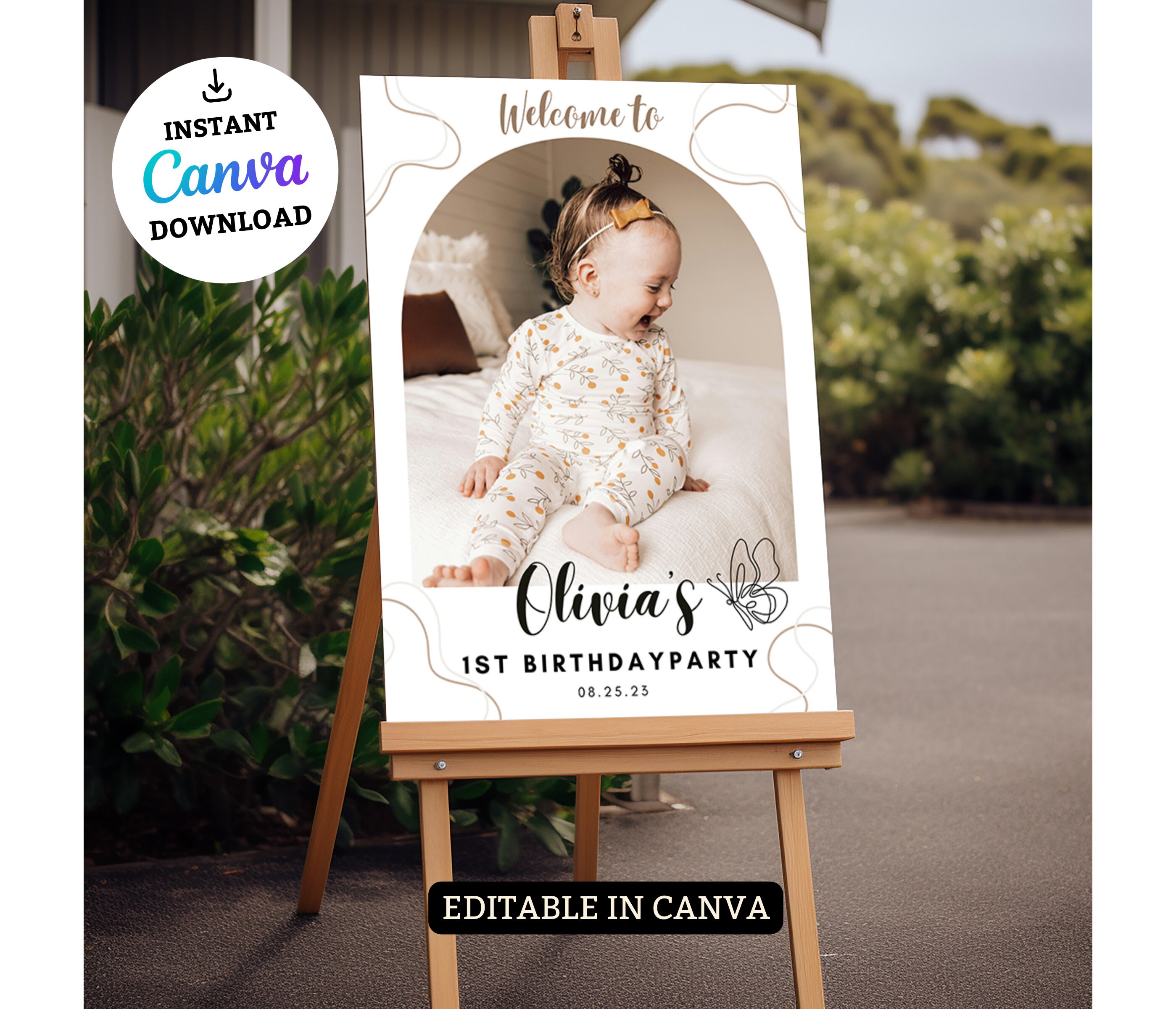 EDITABLE Photo First Birthday Sign, Modern Birthday Welcome Sign ...
