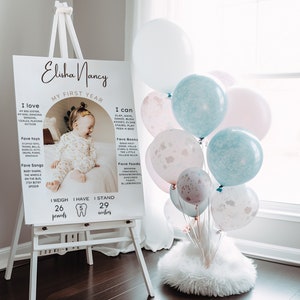 EDITIERBARE ersten Geburtstag Meilenstein Zeichen, moderne 1. Geburtstag Meilenstein Poster, Ein Jahr Fotos Baby Meilensteintafel, druckbare Vorlage