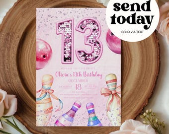Custom Bowling Themed 13th Birthday Invitation- Pink Sequin Design with Bowling Pins, Personalize Party Invite for Teen Birthday Celebration