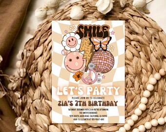 Faire-part d'anniversaire smiley bohème : damier rétro (fichier numérique)