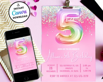Editable Pink 5th Birthday Invitation Template Glitter Birthday Party Invite Rainbow Foil Girl Fifth Birthday Instant Download Digital Evite
