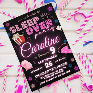 May include: A pink and black invitation for a sleepover party. The invitation says "Join us to celebrate! Sleep Over Party Caroline is turning 9 Saturday September 26 at 02 PM Charlotte's House 123 Greyville St. South Carolina, SC 10245 RSVP to Mom at 123-456-7890".