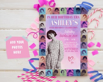 In her Birthday Era Invitation, Girl's Birthday Invitation, Canva editable Template, digital invite, teen b-day party cute bday party invite
