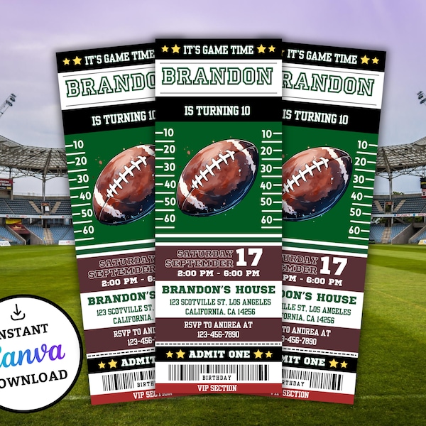 Football Invitation Birthday Sports Ticket Style Party Invite ANY Age DIGITAL Editable Printable Invite Self Edit Football theme Party