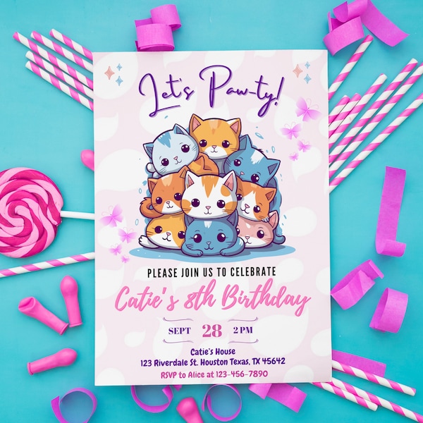 Cat Birthday Invitation, Cat Theme Birthday Invitation, Are You Kitten Me Birthday, Paw-ty Birthday Invite, Rainbow, Invitation Template