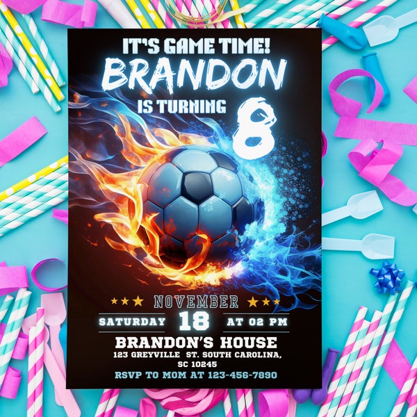 Editable Soccer Birthday Invitation Template, Printable Birthday Party Invitations, Digital Kids Party Invite, 5x7, Canva