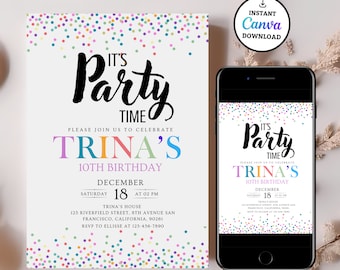 Pode incluir: Um convite de festa de aniversário colorido com confete e o texto "It's Party Time" e "Trina's 10th Birthday". O convite inclui a data, a hora e o local da festa.