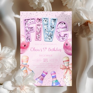 Anpassad inbjudan till 5-årsdag med bowlingtema - rosa paljettdesign med bowlingkäglor, personlig inbjudan till flickors födelsedagsfirande