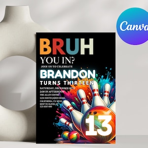Plantilla de invitación para fiesta de cumpleaños de bolos / Diseño editable de Canva para celebración de bolos para niños / Invitación divertida y personalizable, personalizada