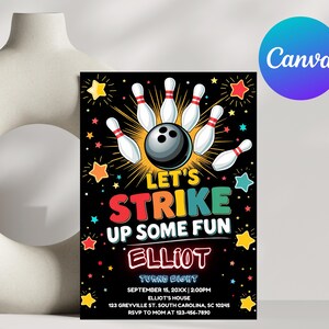 Sjabloon uitnodiging verjaardagsfeestje bowlen | Bewerkbaar canvasontwerp voor kinderen bowlingbaanviering | Leuke en aanpasbare uitnodiging, custom