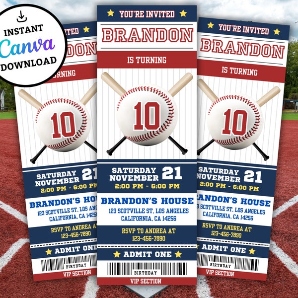 Editable Baseball Invitation, Baseball Ticket Invitation, Sports Ticket Invite, Any Age Invites, Instant Download