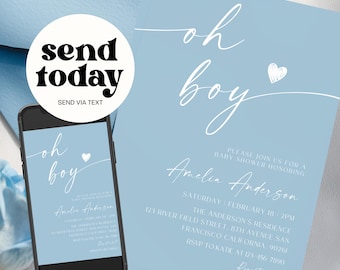 Oh Boy Babypartyeinladung, Junge Minimalist Babyparty einladen, bearbeitbare & druckbare Babypartyeinladung, Canva Vorlage