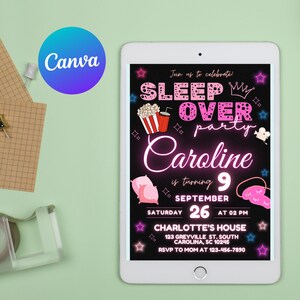 May include: A black and pink digital invitation for a sleepover party for Caroline's 9th birthday. The invitation features a crown, popcorn, a movie camera, and a sleep mask. The text reads "Join us to celebrate! Sleep Over Party Caroline is turning 9 September 26 at 02 PM Charlotte's House 123 Greyville St. South Carolina, SC 10245 RSVP to Mom at 123-456-7890"