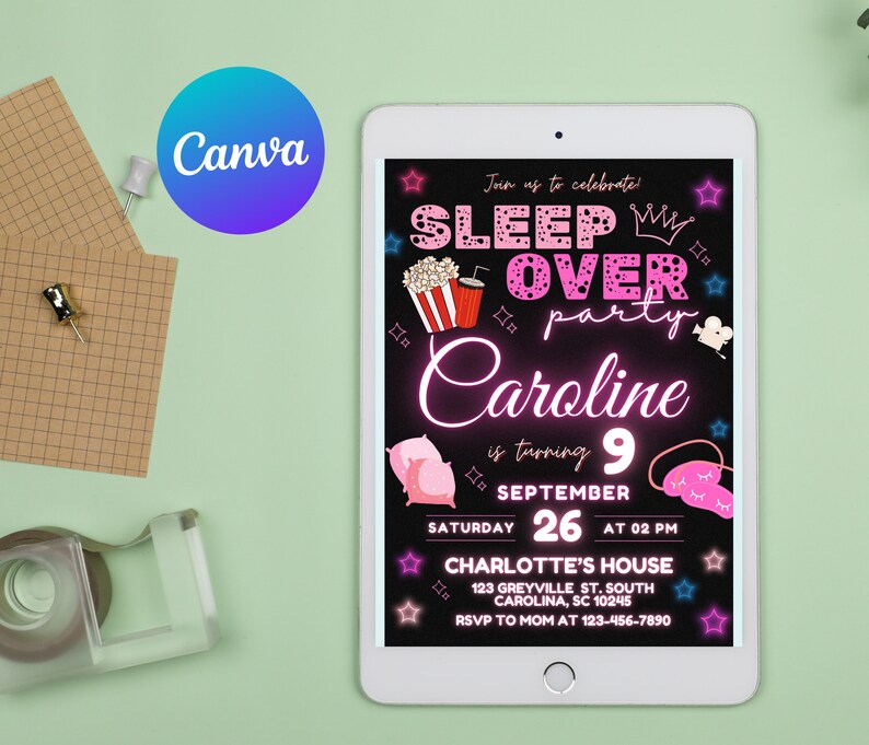 May include: A black and pink digital invitation for a sleepover party for Caroline's 9th birthday. The invitation features a crown, popcorn, a movie camera, and a sleep mask. The text reads "Join us to celebrate! Sleep Over Party Caroline is turning 9 September 26 at 02 PM Charlotte's House 123 Greyville St. South Carolina, SC 10245 RSVP to Mom at 123-456-7890"