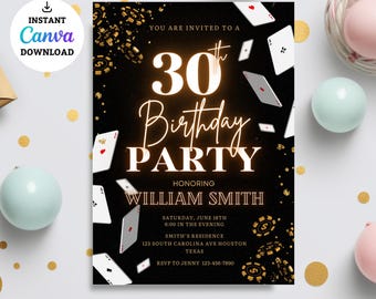 Puede incluir: Invitación a una fiesta de cumpleaños en negro y dorado con un diseño de neón para un 30º cumpleaños. La invitación presenta cartas de juego y fichas de póquer. El texto dice "Estás invitado a una fiesta de cumpleaños de 30 años en honor a William Smith Sábado, 18 de junio 6:00 de la tarde Residencia Smith 123 South Carolina Ave Houston Texas RSVP a Jenny 123-456-7890"