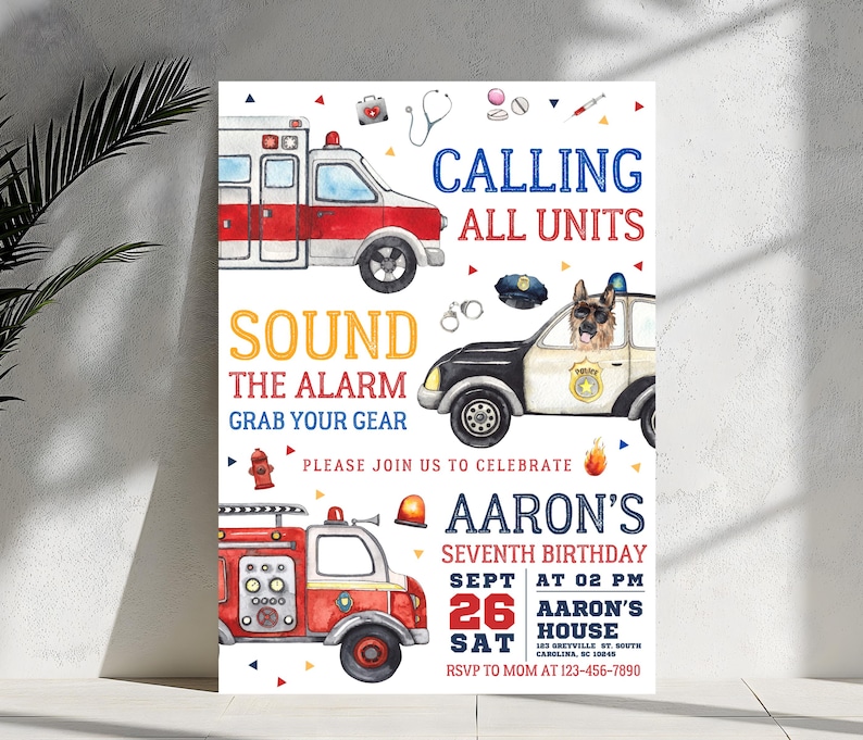 Calling All Units Birthday Invitation, Emergency Vehicles Invite, Editable First Responders Party, Police Officer, Firefighter Boy Any Age image 1