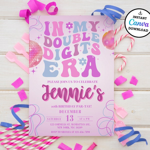 Editable In Her Double Digits Era Invitation, Eras Invitation, Taylor Invitation, Girls Birthday Invite, Canva Template, in her Eras Invite