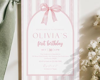 Pink Bow Birthday Invitation, Girl Pink Birthday Invite, Coquette Pink Bow Invitation, Pink Girl Ribbon Birthday Invitation, 5x7 Canva