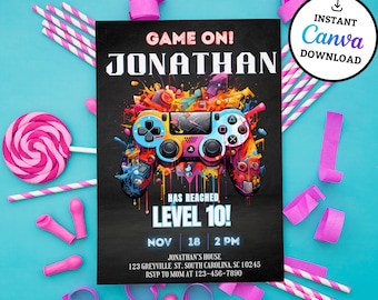 Plantilla de invitación de cumpleaños de videojuegos, invitación de videojuegos con brillo neón, invitación para niños, fiesta de videojuegos para niños, invitación para gamers, Canva editable