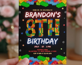 May include: A black birthday invitation with colorful block accents. The invitation reads "Join us to celebrate Brandon's 8th Birthday" with the date, time, and RSVP information. The design includes star and block graphics.