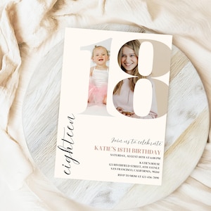 Invitation minimaliste 18e anniversaire fille, modèle d'anniversaire imprimable, photo modifiable Invitation 18e anniversaire fille inviter, invitation moderne
