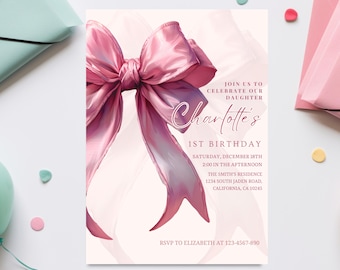 Pink Bow 1st Birthday Invitation Girl, Birthday Template Printable, Pink Coquette Bow Invitation 1st Birthday Girl Invite, Bow Invite