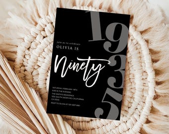 May include: A black invitation card with white and gray text. The card reads "Ninety" in cursive, with the number "1993" in large gray numerals. The text also includes event details such as the date, time, and location.