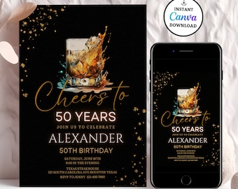 Faire-part surprise pour homme sur le thème du whisky pour 30, 40, 50 et 60 ans d'anniversaire | Invitation d'anniversaire adulte modifiable, anniversaire de whisky modifiable