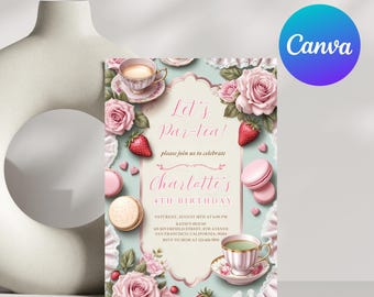 Bearbeitbare Tee-Party-Geburtstags-Einladungsvorlage: Canva DIY 13x18 (Digitaler Download)