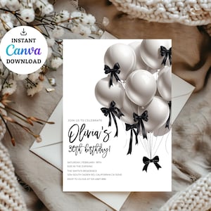 Black Bow Birthday Invitation Template: Coquette Balloons (Digital Download)