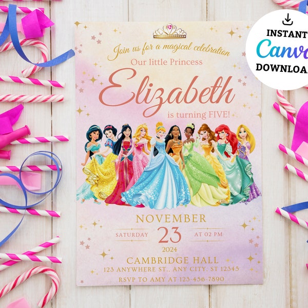 Editable Princess Birthday Canva Template, Princess Birthday Party Invitation Gold and Pink invitation, Princess Party, Princess Celebration