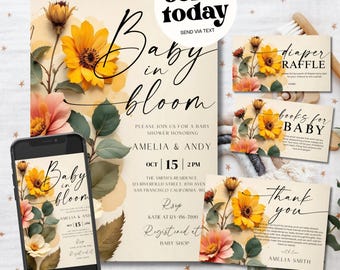 Editable Baby in Bloom Shower Invitation Bundle, Floral Invitation Set for Girl Baby, Thank you Card Diaper Raffle Flowers Baby Shower Set 2