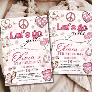 Pink Cowgirl Birthday Party Invitation Template, Pink disco Cowgirl Party, Rodeo Birthday, Girl Birthday Party, Let&#39;s Go Girls, Any Age
