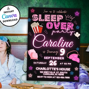 May include: A black and pink invitation for a sleepover party for Caroline's 9th birthday. The invitation features a neon pink and blue design with stars, a crown, popcorn, and a movie camera. The text reads "Join us to celebrate! Sleep Over Party Caroline is turning 9 September 26 at 02 PM Charlotte's House 123 Greyville St. South Carolina, SC 10245 RSVP to Mom at 123-456-7890"