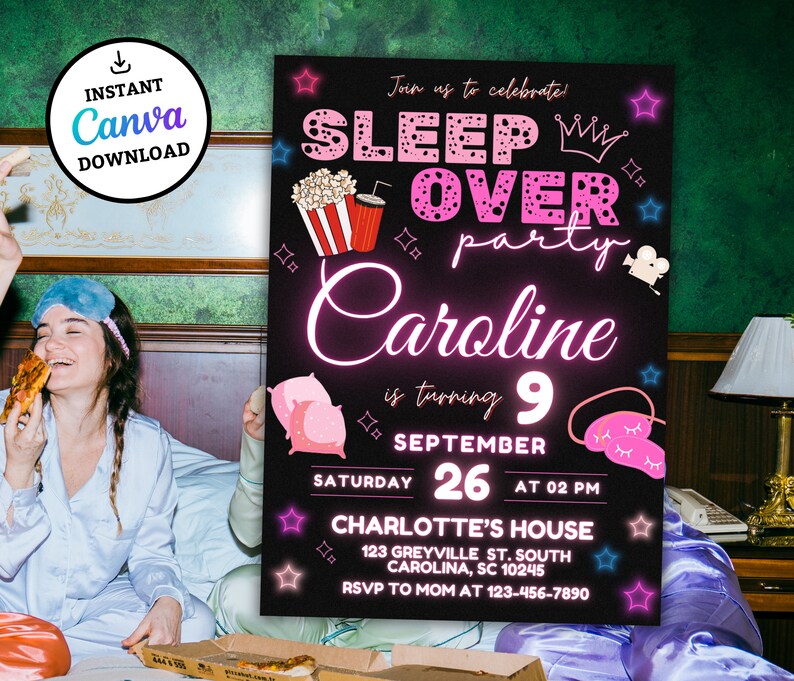May include: A black and pink invitation for a sleepover party for Caroline's 9th birthday. The invitation features a neon pink and blue design with stars, a crown, popcorn, and a movie camera. The text reads "Join us to celebrate! Sleep Over Party Caroline is turning 9 September 26 at 02 PM Charlotte's House 123 Greyville St. South Carolina, SC 10245 RSVP to Mom at 123-456-7890"