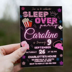 Sleepover Birthday Invitation, Printable Sleepover Invite, Slumber Party, Pajama Party, Retro Neon Lights Editable Template image 1