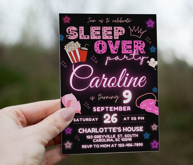 Sleepover Birthday Invitation, Printable Sleepover Invite, Slumber Party, Pajama Party, Retro Neon Lights Editable Template image 1