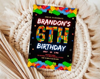 May include: A black birthday invitation with colorful block-style lettering that reads "BRANDON'S 6TH BIRTHDAY." The invitation includes the date, time, and location. Colorful blocks border the top and bottom of the invitation.