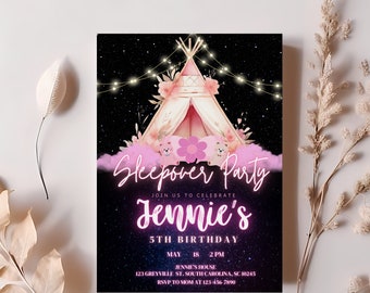 Sleepover Birthday Minimalist Invitation Set Slumber Party Invite Girl Pajama Party Glamping Tent Digital Printable Editable Download Canva