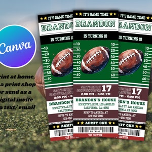 May include: Football-themed birthday party invitations. The design features a football graphic, the text "It's Game Time," and the name "Brandon." The invitation includes event details and RSVP information. The invitations are designed using Canva.