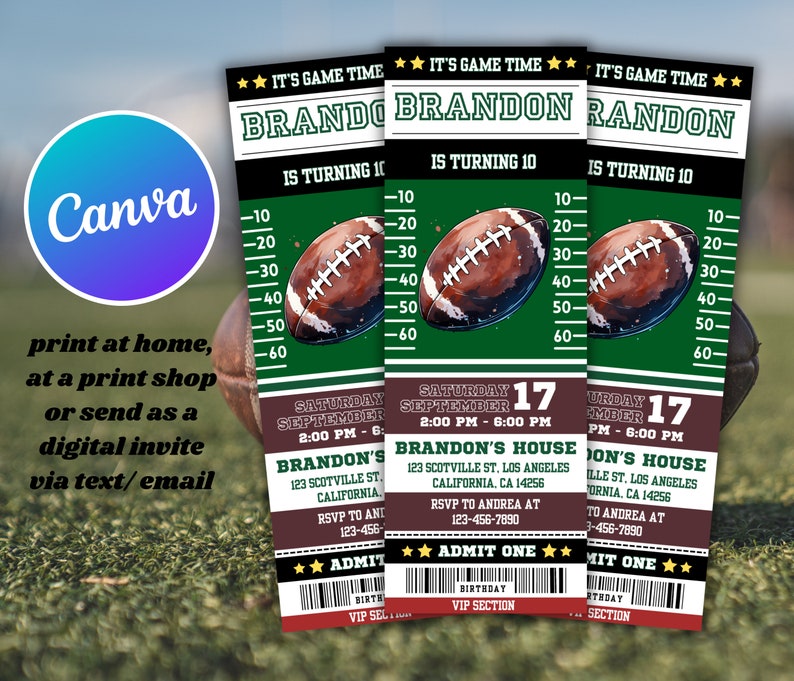 May include: Football-themed birthday party invitations. The design features a football graphic, the text "It's Game Time," and the name "Brandon." The invitation includes event details and RSVP information. The invitations are designed using Canva.