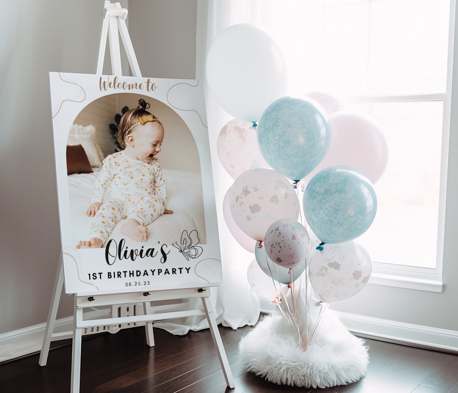EDITABLE Photo First Birthday Sign, Modern Birthday Welcome Sign ...