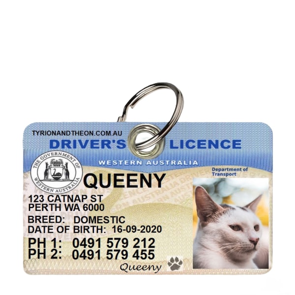 Western Australia Driver License Collar Tag License ID Tag Custom Tag Personalised tag Photo Tag Funny Tag Cat tag dog tag cat id dog id