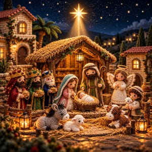 May include: A crochet nativity scene featuring figures of the holy family, three kings, an angel, and animals inside a stable. The display includes a manger, a bright star above, and small lanterns, all crafted with detailed yarn textures.